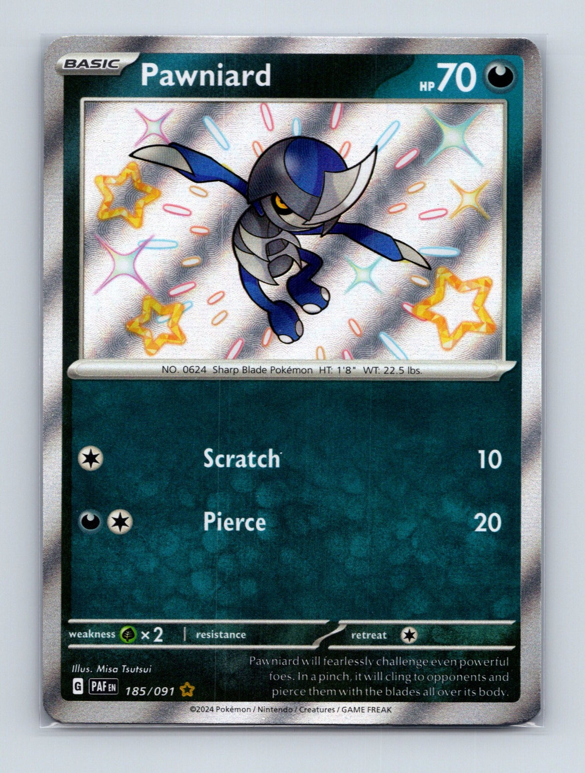 2024 Pokemon TCG Pawniard SV: Paldean Fates 185/091 Holo Shiny Rare NM