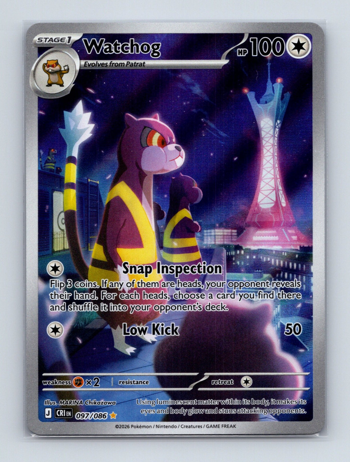 2026 Pokemon TCG Watchog ME04: Chaos Rising 097/086 Holo Illustration Rare NM