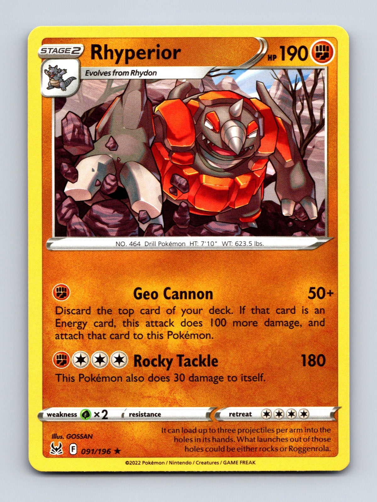 2022 Pokemon TCG Rhyperior SWSH11: Lost Origin 091/196 Rare NM