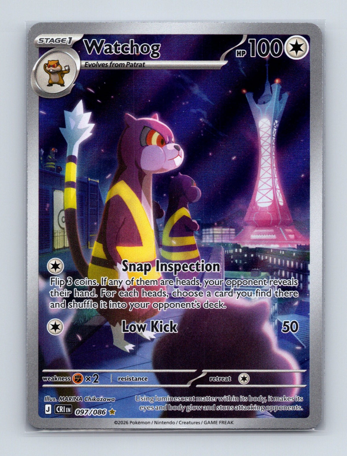 2026 Pokemon Watchog ME04: Chaos Rising 097/086 Holo Illustration Rare NM