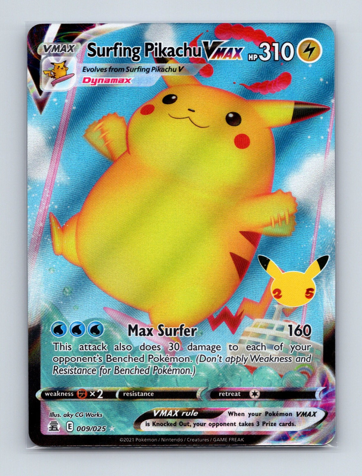 2021 Pokemon TCG Surfing Pikachu VMAX Celebrations 009/025 Holo Ultra Rare NM