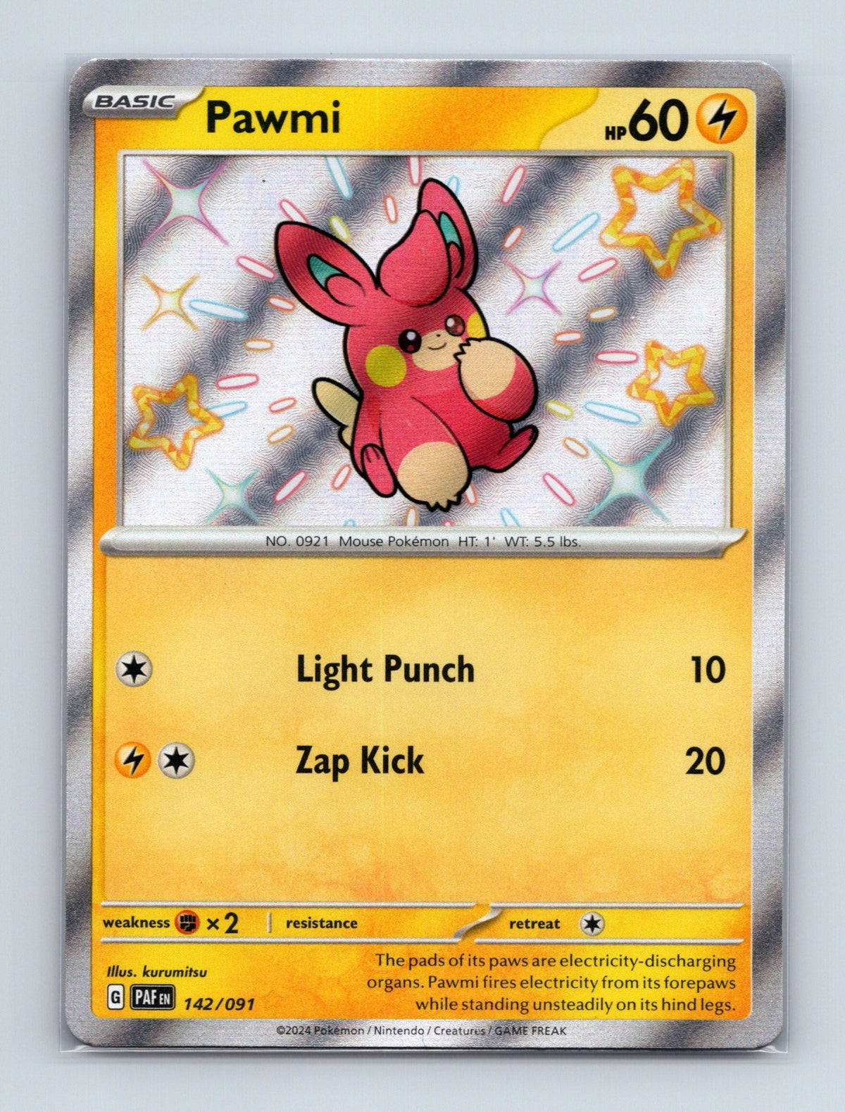 2024 Pokemon TCG Pawmi SV: Paldean Fates 142/091 Holo Shiny Rare NM