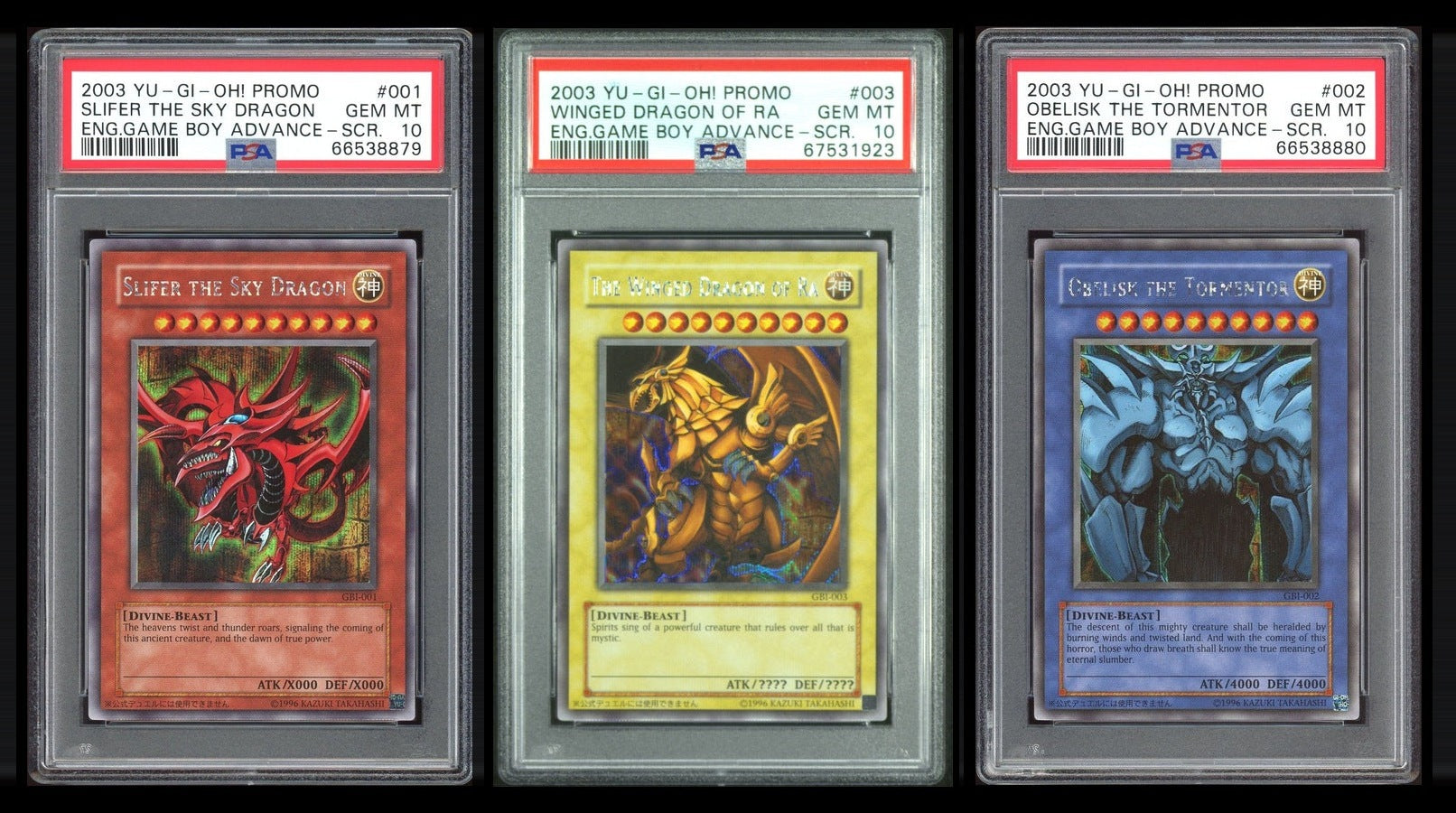 PSA slab photographs of the three Game Boy Advance promo Secret Rare Egyptian God cards