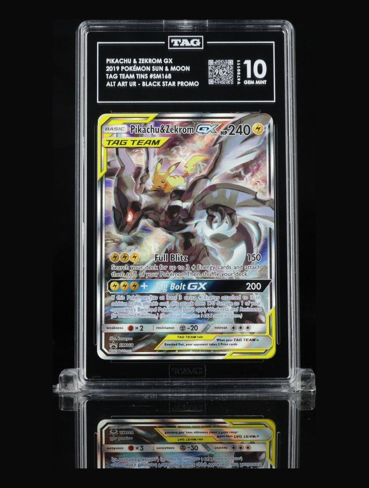 TAG 10 GEM MINT Pikachu & Zekrom GX SM168 Alt Art Promo SCORE 982 - 2ND HIGHEST