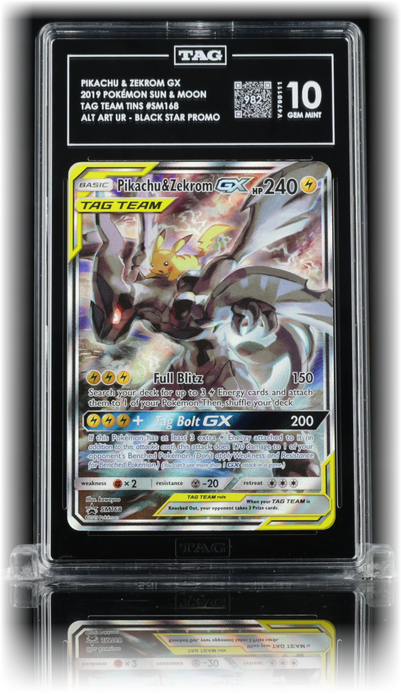 TAG 10 GEM MINT Pikachu & Zekrom GX SM168, cert V4790111